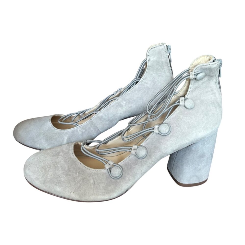 Nine West Kaede Gray Suede Strappy Block Pumps 10